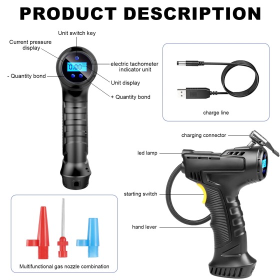 LabTEC Cordless Tire Inflator Portable Air Compressor with Digital Pressure Gauge, 150PSI Auto Off Electric Wireless Pump for