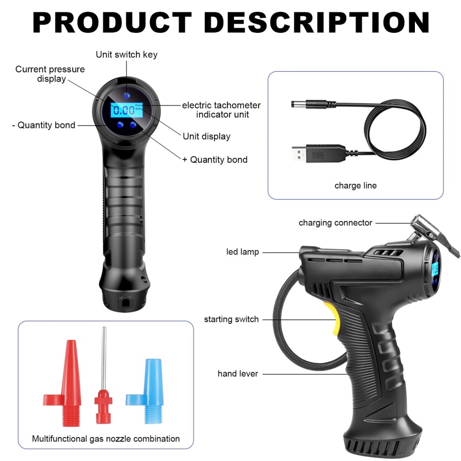 LabTEC Cordless Tire Inflator Portable Air Compressor with Digital Pressure Gauge, 150PSI Auto Off Electric Wireless Pump for